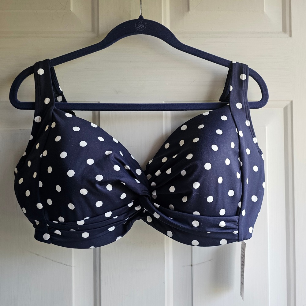 Lands End Navy Blue Polka Dot Twist Front Underwire Bikini Top 14 DDD New